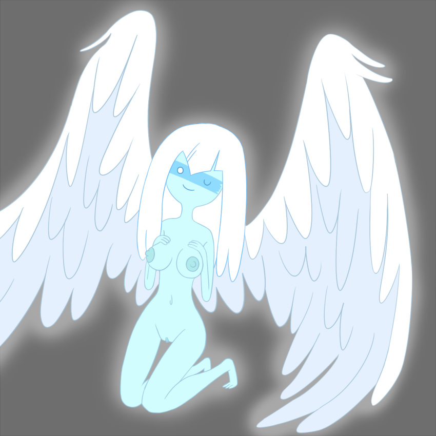 1girls adventure_time angel angel_wings blue_body blue_nipples blue_skin breasts female female_only full_circle grabbing_own_breast guardian_angel_(adventure_time) looking_at_viewer pussy solo solo_female vaginal white_hair wings