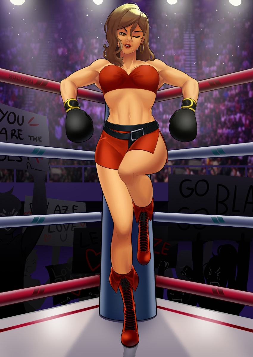 1girls alternate_version_available arena athletic athletic_female big_breasts black_boxing_gloves black_gloves blaze_fielding boots boxing boxing_gloves boxing_ring breasts brown_eyes brown_hair busty female female_focus hourglass_figure lipstick long_hair makeup mole mole_under_mouth navel sega streets_of_rage tagme wide_hips zuruppi