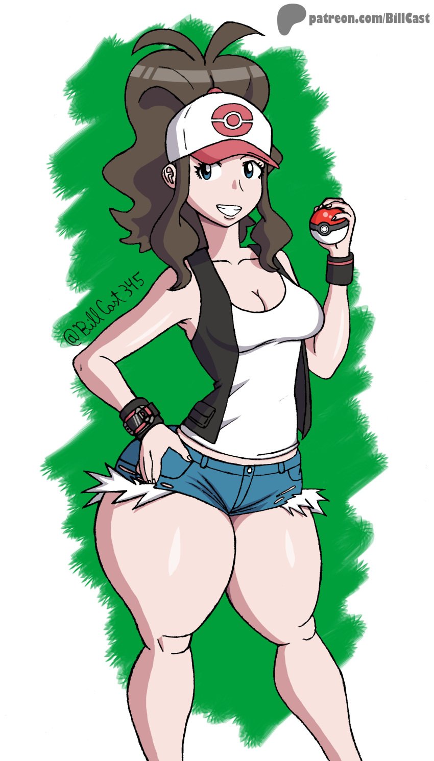 1girls artist_name billcast blue_eyes booty_shorts bottom_heavy breasts brown_hair cap female female_focus female_only hand_on_hip hilda_(pokemon) holding_object holding_poke_ball human jeans jeans_shorts looking_at_viewer medium_breasts pale_skin patreon_logo patreon_username pokemon ponytail self_upload shorts smile smiling smiling_at_viewer sole_female tank_top thick thick_thighs touko_(pokemon) voluptuous voluptuous_female white_shirt wide_hips