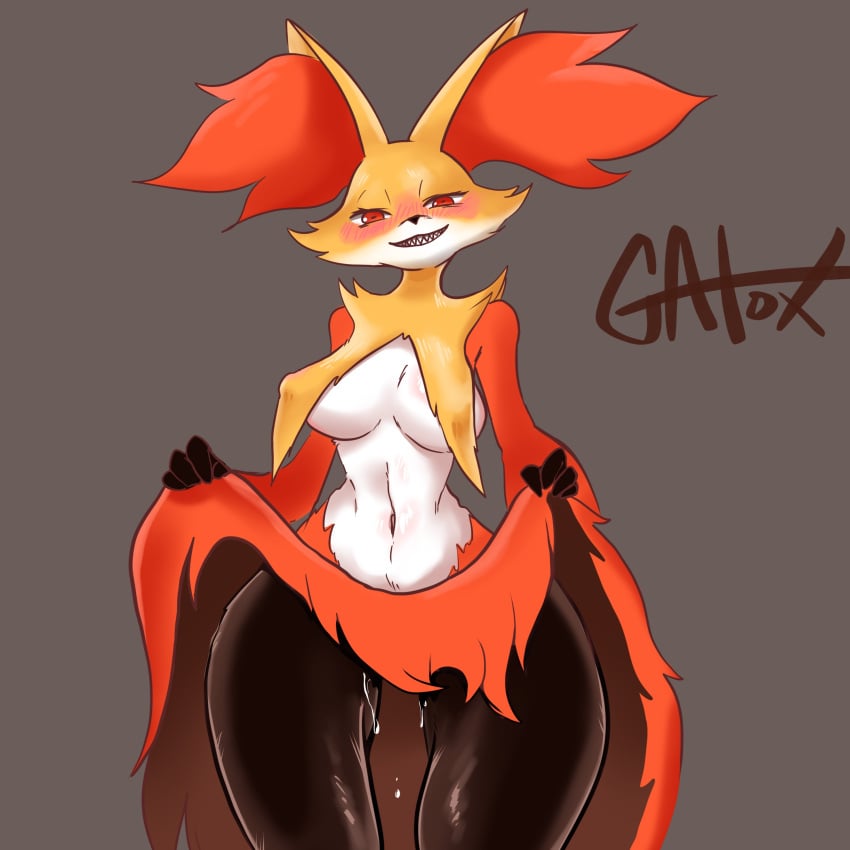 2024 absurd_res anthro aroused bedroom_eyes big_breasts black_body black_fur black_nose blush blush_lines bodily_fluids breast_curtains breasts canid cheek_tuft delphox dripping eyelashes facial_tuft female front_view fur gatox_(artist) generation_6_pokemon genital_fluids grey_background half-closed_eyes head_tilt hi_res inner_ear_fluff looking_at_viewer mammal multicolored_body multicolored_fur narrowed_eyes navel nintendo nipple_outline nude nude_anthro nude_female pointy_ears pokemon pokemon_(species) prick_ears pseudo_clothing pseudo_skirt pseudo_skirt_lift pussy_juice_drip pussy_juice_on_leg red_body red_eyes red_fur red_inner_ear_fluff seductive sharp_teeth signature simple_background smile smiling_at_viewer snout solo standing teeth tuft vaginal_fluids white_body white_fur wide_hips yellow_body yellow_ears yellow_fur