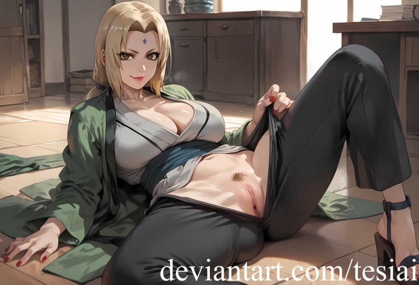 1girls ai_generated artist_name blonde_hair_female breasts brown_eyes_female cleavage deviantart deviantart_username female_only looking_at_viewer mostly_clothed_female naruto naruto_(classic) naruto_(series) navel pants_open pubic_hair pussy solo_female tesiai tsunade web_address