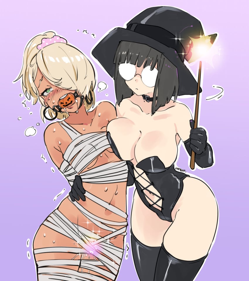 2girls ball_gag bandage big_breasts black_hair blonde_female blonde_hair bondage breasts choker collar dominant_female drooling duo elbow_gloves eudetenis female female/female femdom femsub gag gagged glasses green_eyes halloween jack-o'-lantern lezdom magic magic_wand momoka_(pretzelfan) multiple_girls original pussy_juice reika_(pretzelfan) scrunchie small_breasts submissive submissive_female sweat thighhighs wand witch witch_hat yuri