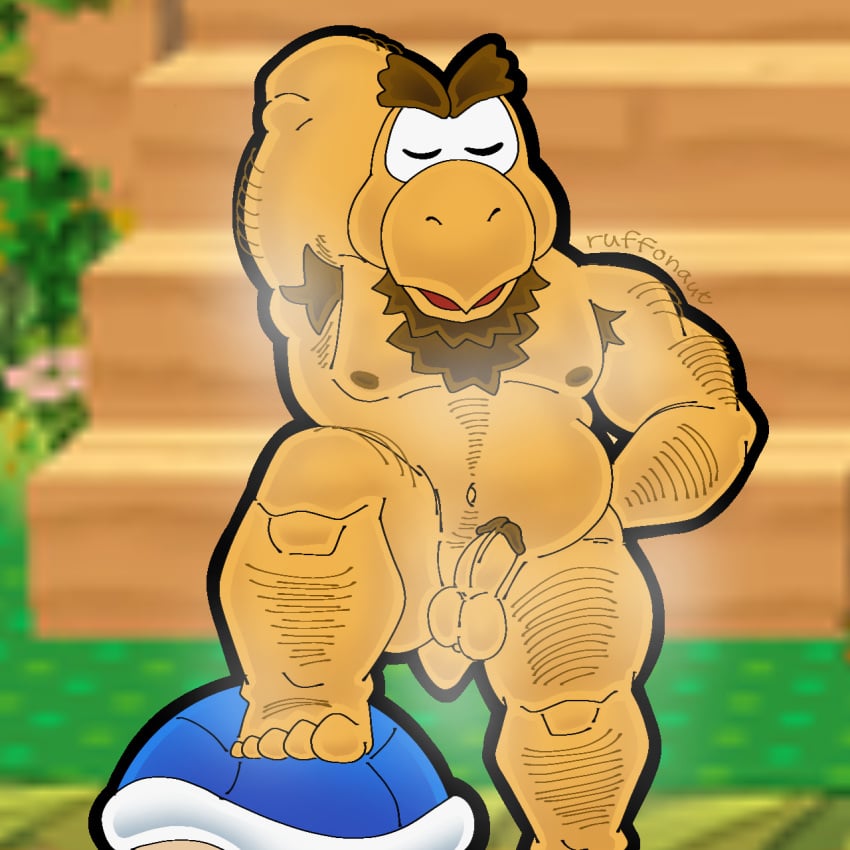 1boy anthro areola armpit_hair balls beard belly blue_shell bodily_fluids body_hair chest_hair circumcised closed_eyes digital_media_(artwork) eyebrows facial_hair genitals happy_trail hi_res humanoid_genitalia humanoid_penis koopa koopa_troopa koopley male male_only mario_(series) moobs muscular muscular_anthro muscular_male musk musk_clouds musky_balls musky_penis navel nintendo nipples nude open_mouth overweight overweight_anthro overweight_male paper_mario paper_mario:_the_thousand_year_door penis pubes reptile ruffonaut scalie shell short_tail solo sweat sweaty_genitalia tail thick_thighs turtle yellow_body