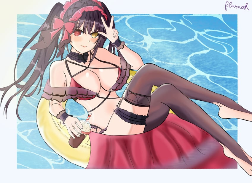 2d 2d_(artwork) belly belly_button bikini black_hair blush breasts date_a_live feet flinsnok headband heterochromia light-skinned_female looking_at_viewer medium_breasts pool red_eyes socks solo solo_female thighs tokisaki_kurumi twintails