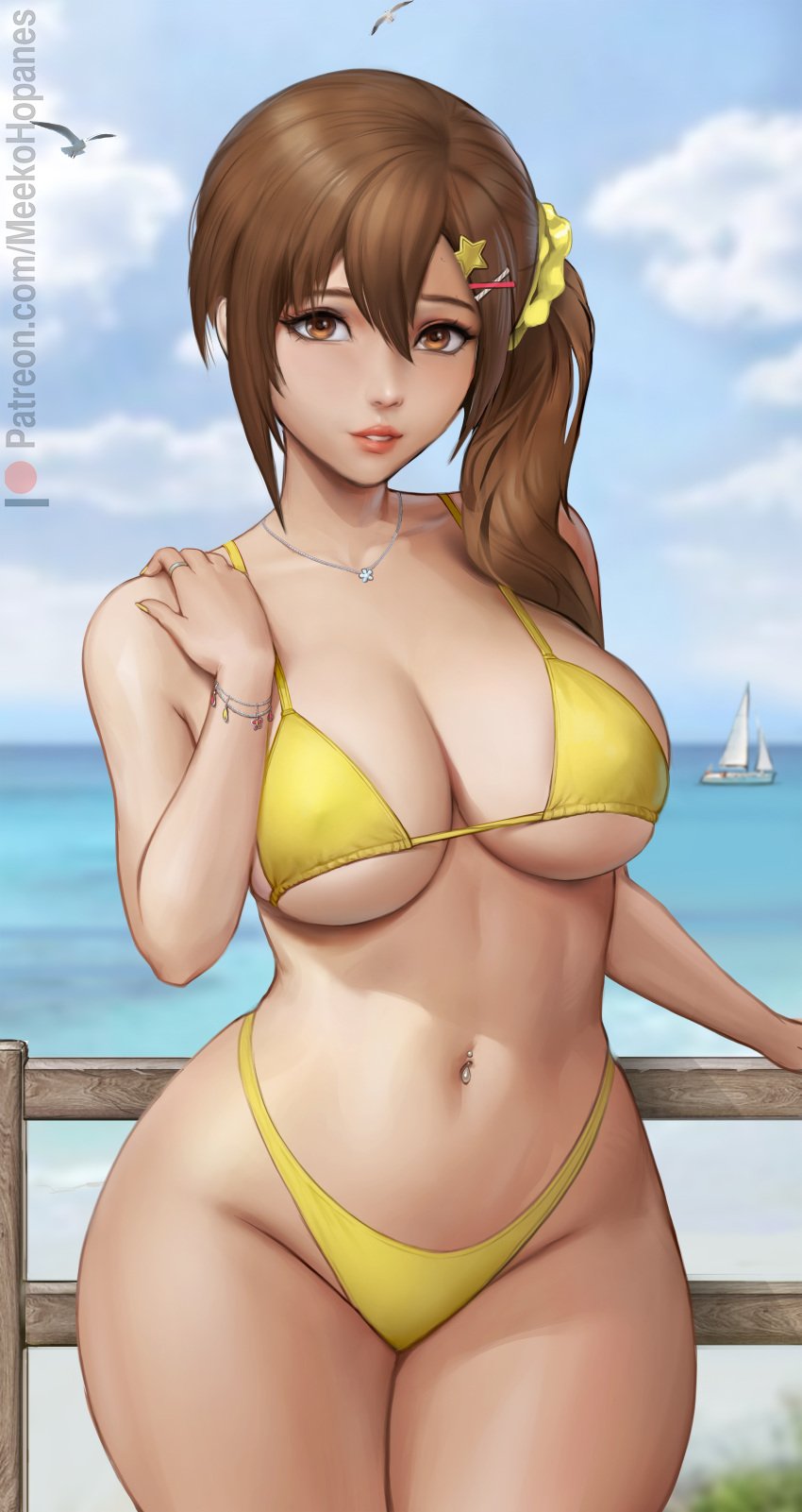 1girls absurd_res beach bikini bikini_bottom bikini_top breasts brown_hair curvaceous curvy_female curvy_figure dead_or_alive dead_or_alive_xtreme_venus_vacation female_focus female_only high_resolution huge_breasts long_hair looking_at_viewer meekohopanes misaki_(doa) navel_piercing ocean sfw smile solo_female solo_focus voluptuous voluptuous_female water yellow_bikini