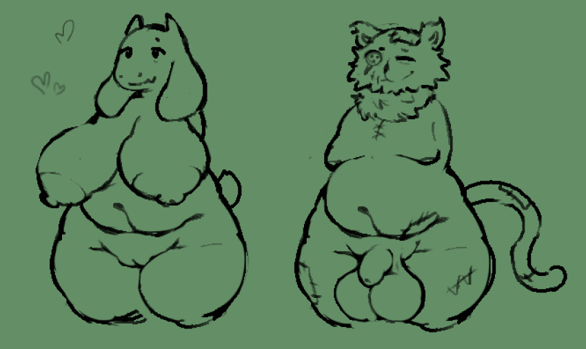 animate_inanimate anthro balls boss_monster_(undertale) bovid breasts caprine darkner deltarune digital_media_(artwork) domestic_cat duo felid feline felis female fur genitals goat living_plushie male mammal mature_female nipples nude overweight penis plushie pussy seam_(deltarune) simple_background source_request tail thick_thighs toriel undertale_(series) unknown_artist