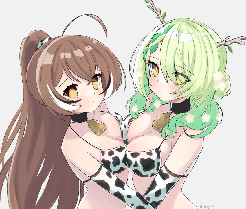 2girls beauty_mark bell_collar brown_hair ceres_fauna choker cow_print cowbell cowlick exposed_breasts flowers_in_hair green_hair hololive hololive_english hololive_english_-council- hololive_english_-promise- horns long_sleeves looking_at_viewer magui multiple_girls nanashi_mumei ponytail pov pov_eye_contact pressing_breasts_together single_braid virtual_youtuber yellow_eyes