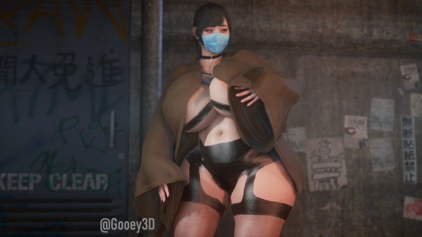 1girls 3d back_alley big_breasts black_hair breasts busty curvaceous curvy curvy_body curvy_female curvy_figure female gooey3d huge_breasts large_breasts mask original original_character thick_thighs thighs voluptuous voluptuous_female