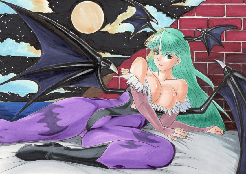 artist_request cleavage darkstalkers female inviting large_breasts liying milf moon morrigan_aensland naughty_face night seductive seductive_smile skimpy_clothes smile solo succubus tagme