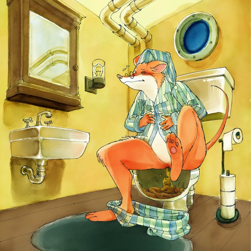 anthro ass barefoot bathroom bathroom_sink blush bodily_fluids bottomwear bottomwear_down clothed clothing desperation deuce_dude diarrhea eyewear feces feces_pile feet food_poisoning fur geronimo_stilton geronimo_stilton_(series) glasses hi_res holding_belly male mammal mirror mirror_reflection mouse murid murine no_underwear on_toilet one_leg_up orange_body orange_fur pajama_bottoms pajama_pants pajama_shirt pajamas pants pants_down partially_clothed poop_desperation poop_in_ass poop_in_bowl pooping_into_water potty_time raised_leg reflection rodent scat shit_in_ass sink sitting_on_toilet solo stomach_ache sweat sweatdrop toilet toilet_bowl toilet_paper toilet_seat toilet_use watercolor_(artwork) wide_hips window