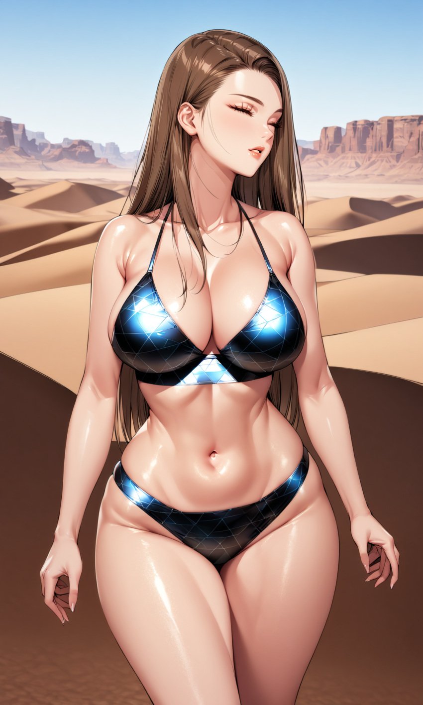 ai ai_generated bare_shoulders big_breasts bikini brown_eyes brown_hair closed_eyes collarbone curvaceous_body curvy_figure desert female hi_res landlord's_little_daughter parted_lips queen_bee_(manhwa) shiny_bikini shiny_skin stable_diffusion sweat swimsuit yoo_dali