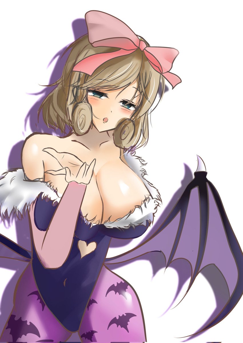 1girls 2024 animal_print bare_shoulders bat_print bat_wings blonde_hair breasts brown_hair capcom cleavage cosplay crossover cutout darkstalkers female green_eyes hair_ribbon haruka_(senran_kagura) highres large_breasts light_brown_hair marvelous morrigan_aensland morrigan_aensland_(cosplay) norunoru100 ribbon senran_kagura short_hair wings