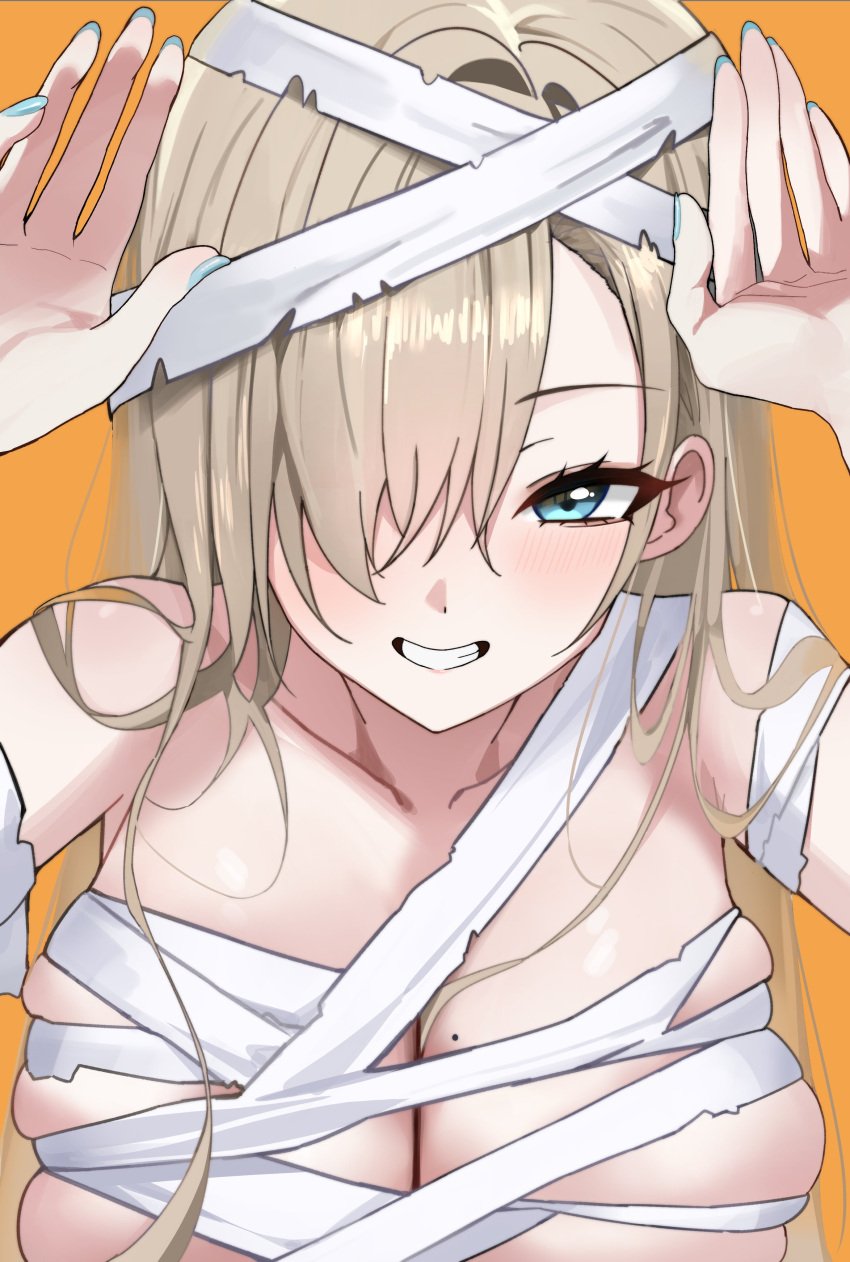 absurdres asuna_(blue_archive) bandages big_breasts blue_archive blue_eyes blue_nails blush breasts collarbone female grin hair_over_one_eye halloween highres large_breasts long_hair looking_at_viewer mango_(mango0208) mole mole_on_breast mummy_costume nail_polish simple_background smile solo upper_body yellow_background