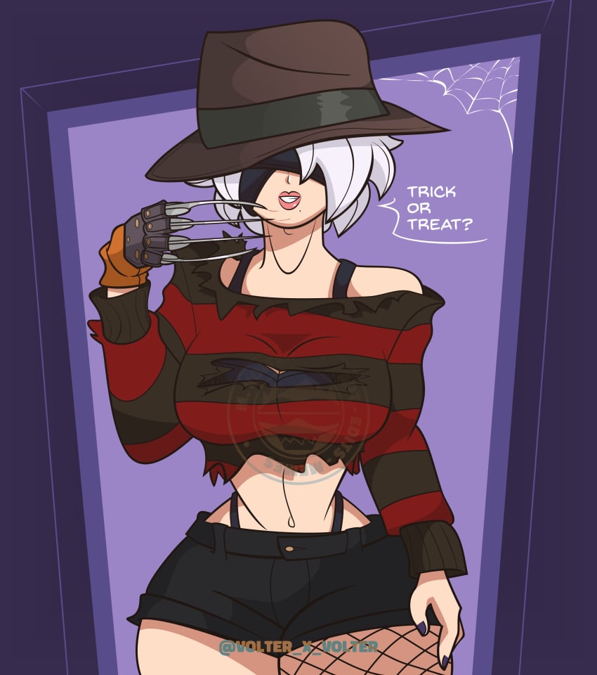 1girls big_breasts blindfold breasts cosplay crop_top english_text female female_only fishnets freddy_krueger_(cosplay) halloween halloween_costume hat large_breasts nier nier:_automata nier_(series) nightmare_on_elm_street text thong_straps visible_underwear volter_x_volter white_hair yorha_2b