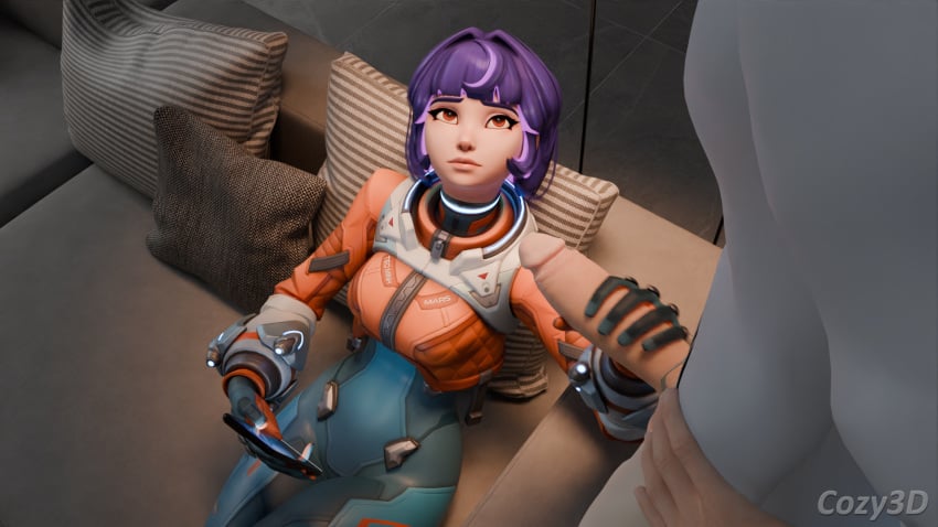 3d artist_name blender blizzard_entertainment cozy3d fully_clothed_female gloved_handjob gloves handjob indoors juno_(overwatch) looking_at_partner looking_up no_penetration on_phone overwatch overwatch_2 purple_hair sitting_on_couch sole_female sole_male watermark