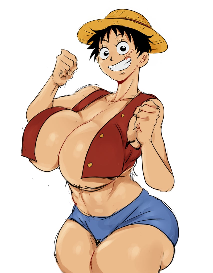 1girls big_ass big_breasts big_thighs black_hair blue_shorts curvy curvy_body curvy_female curvy_figure detnox female female_focus female_only genderswap_(mtf) hat huge_ass huge_breasts huge_thighs monkey_d_luffy one_piece pose red_shirt scar_on_face smile smiling smiling_at_viewer voluptuous voluptuous_female