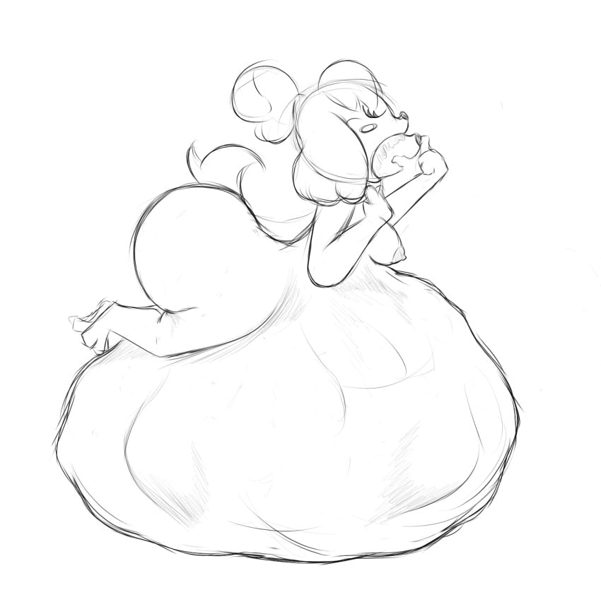 animal_crossing carnivorousvixen female_pred isabelle_(animal_crossing) lying_on_stomach mass_vore massive_ass same_size_vore soft_vore unwilling unwilling_prey vore vore_belly