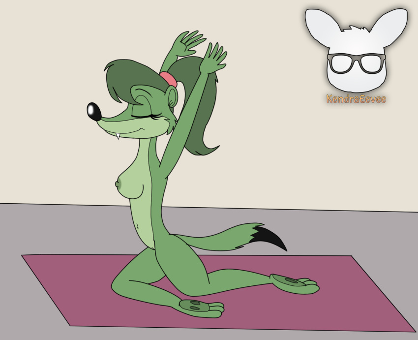 anthro breasts casual_nudity closed_eyes female fur green_body green_fur green_hair hair hi_res kendraeevee kendratheshinyeevee nude_yoga small_breasts solo wendy_weasel_(kendraeevee) yoga yoga_mat