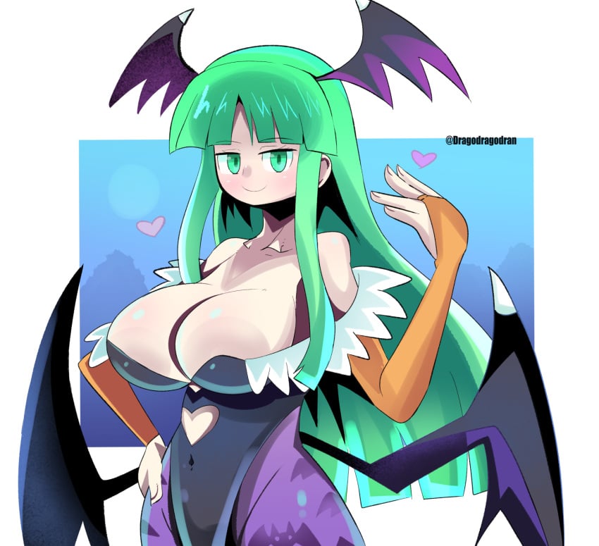 aqua_eyes aqua_hair big_breasts breasts capcom cleavage darkstalkers dorago_dorago dragodragodran female huge_breasts large_breasts long_hair looking_at_viewer milf morrigan_aensland skimpy_clothes smile solo succubus tagme wings