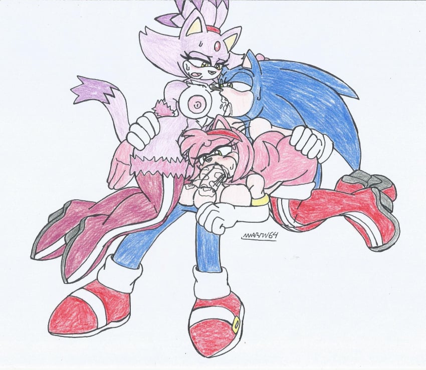 1boy2girls amy_rose big_ass big_breasts big_hips big_penis blaze_the_cat blowjob blue_body blue_fur blue_hair blush bodily_fluids catgirl furry gold_eyes grabbing_ass green_eyes group_sex hairbow hedgehog hedgehog_girl high_heel_boots long_boots long_gloves looking_pleasured lying_down marlon64 naked_boots naked_female naked_gloves oral_sex pink_body pink_fur pink_hair ponytail purple_body purple_fur purple_hair saliva_on_breasts saliva_on_penis short_hair sonic_(series) sonic_the_hedgehog sucking_breast sucking_penis sweat threesome traditional_drawing_(artwork) white_background white_fur