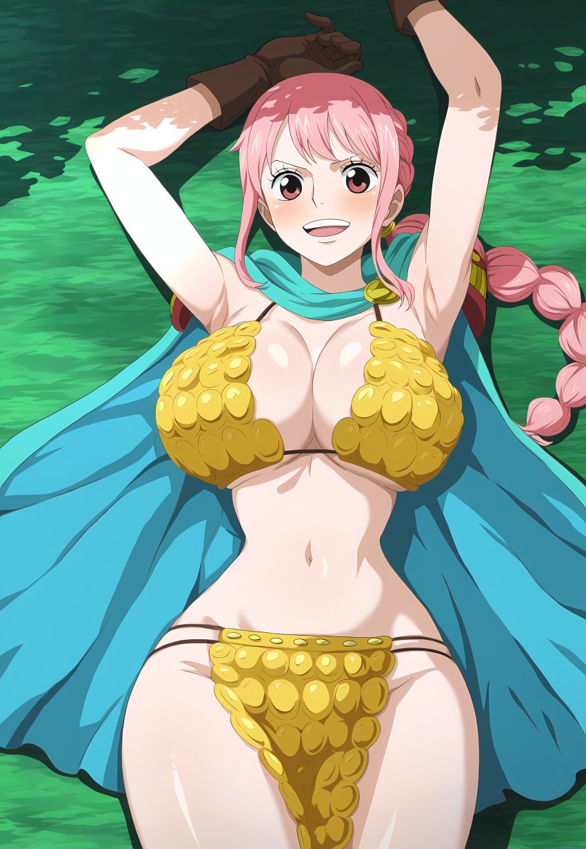 ai_generated big_breasts female female_only laying_down laying_on_back long_hair one_piece one_piece_girls open_mouth pink_eyes pink_hair rebecca_(one_piece)