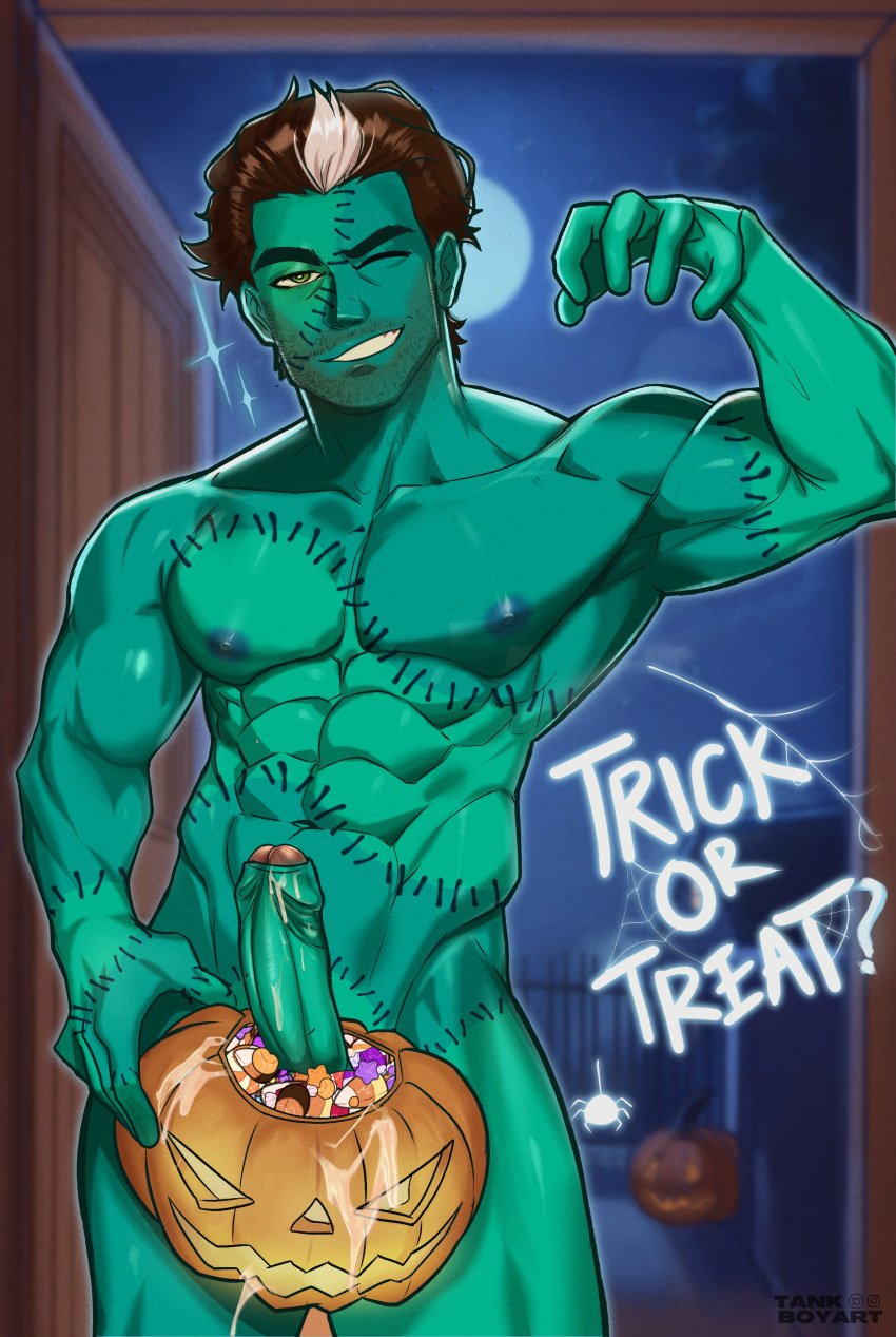 abs bara biceps big_penis costume daddy dilf erection frankenstein frankenstein&#039;s_monster fucking_pumpkin green-skinned_male halloween halloween_costume holidays male male_nipples male_only manly mature_male monster muscular_male nipples nude pecs penis pumpkin pumpkin_masturbation tankboyart