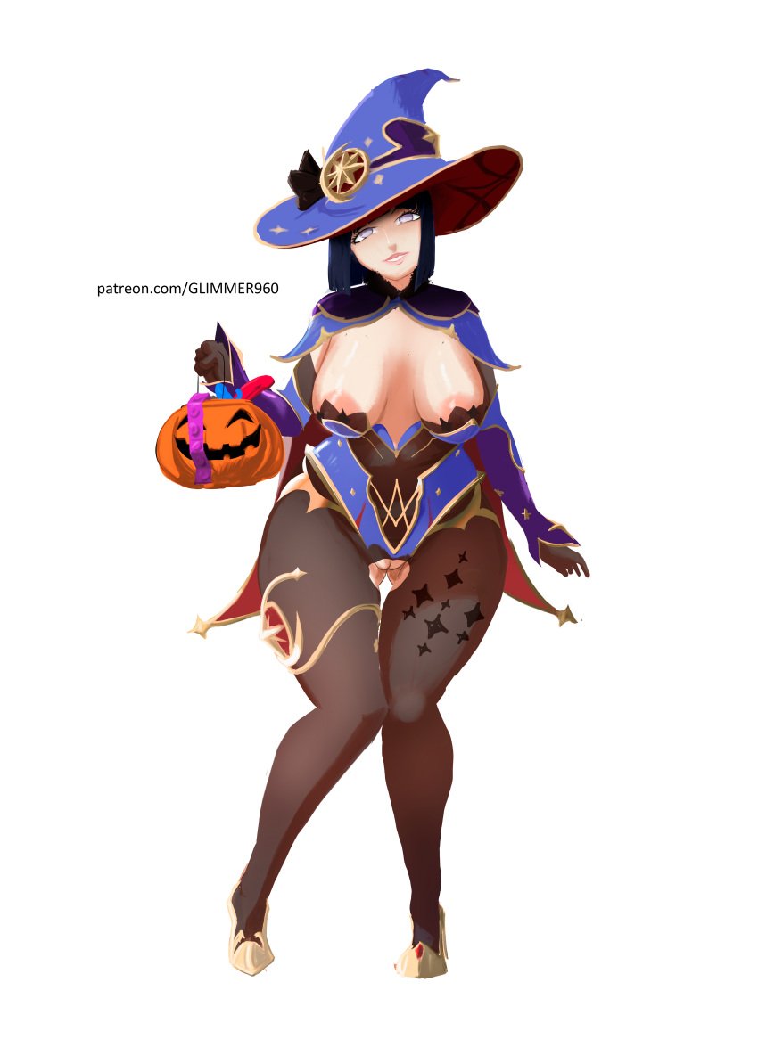 big_breasts big_butt boruto:_naruto_next_generations cosplay exibitionism genshin_impact glimmer halloween halloween_costume hyuuga_hinata mature_female mona_(genshin_impact) public_indecency whore wife