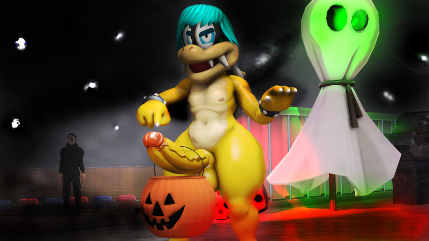 3d balls ballsack basket big_balls big_penis blue_eyes cyan_hair erect erect_penis erection fangs ghost glasses grave halloween human kabalmystic koopa koopaling male nintendo nipples penis props reptile scalie skulls source_filmmaker super_mario_bros. thenextgenkoopaling trick_or_treat turtle yellow_scales