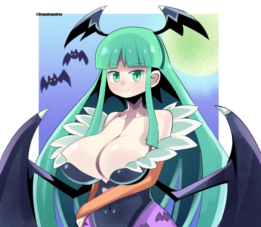 aqua_eyes aqua_hair breasts capcom cleavage darkstalkers dorago_dorago dragodragodran female huge_breasts large_breasts long_hair looking_at_viewer milf morrigan_aensland skimpy_clothes smile solo succubus tagme wings