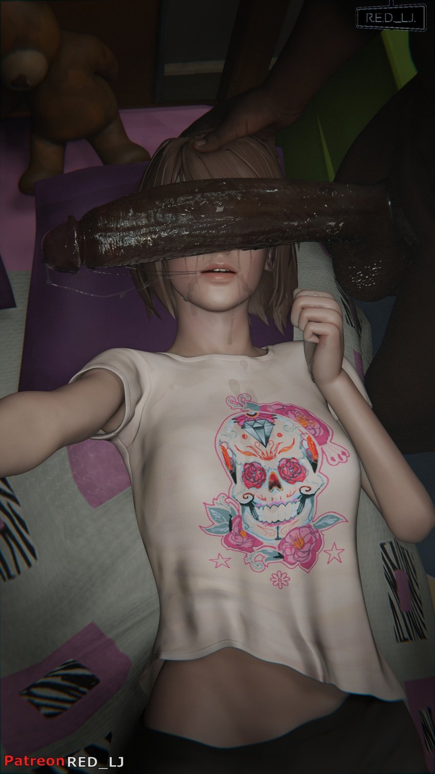 1boy 1girls 3d bed blender_(software) brown_hair cock_on_face cock_worship dark-skinned_male female female_focus huge_cock interracial life_is_strange male max_caulfield nude_male penis penis_awe penis_on_face penis_over_eyes red_lj small_breasts square_enix