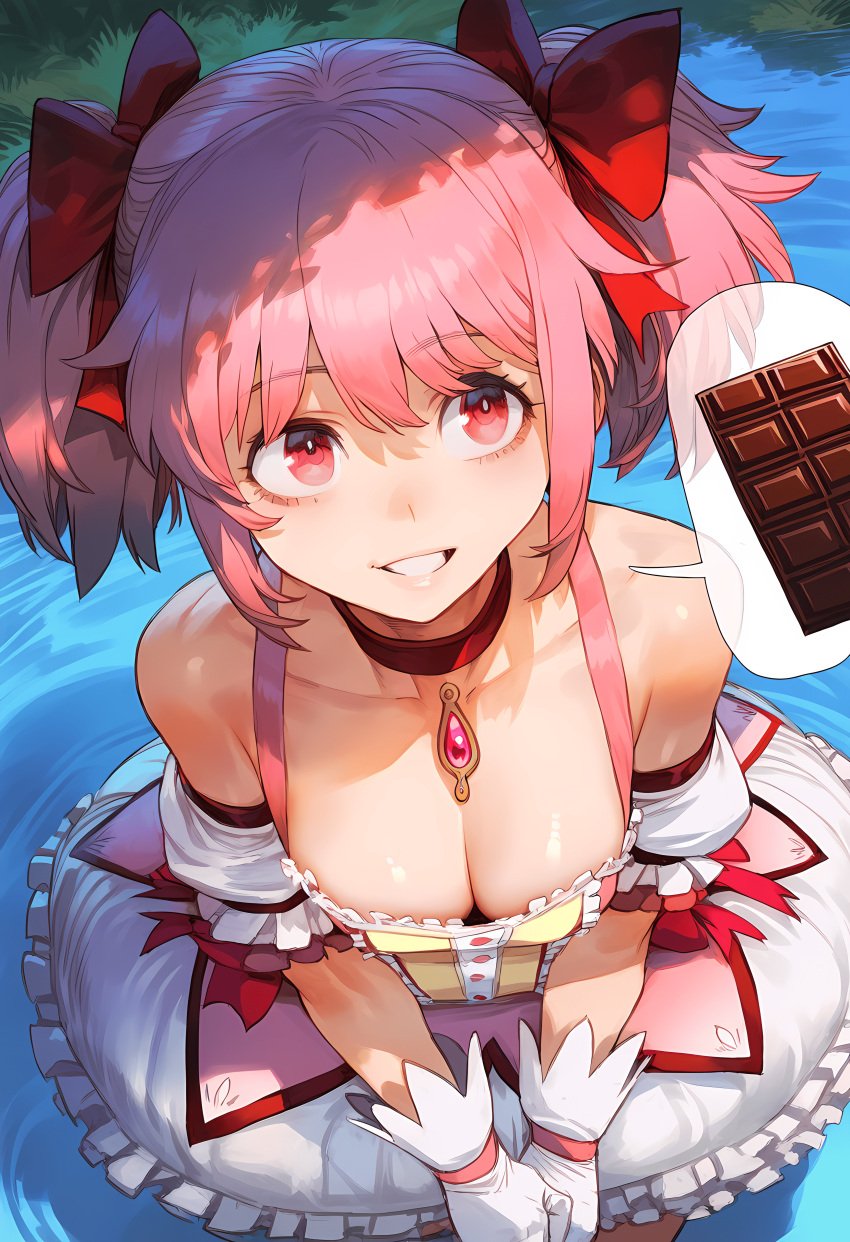 ai_generated artist_request big_breasts big_breasts breasts breasts cleavage cleavage_overflow from_above hair_ribbon hi_res madoka_kaname magical_girl magical_girl_outfit mahou_shoujo_madoka_magica pink_eyes pink_hair puella_magi_madoka_magica red_ribbon ribbon ribbons smile thought_bubble twintails