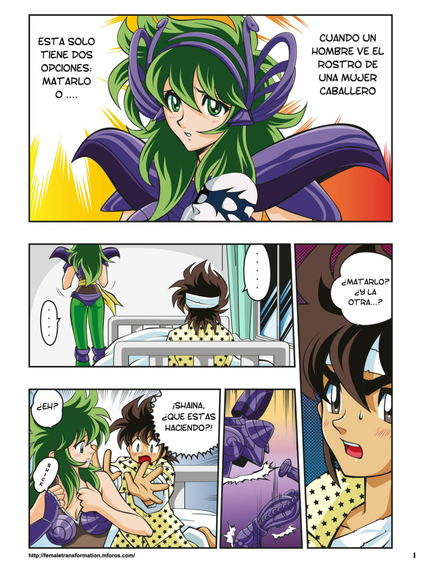 1boy 1girls bronze_saints brown_eyes brown_hair comic comic_page dialogue fujimoto_hideaki green_eyes green_hair ophiuchus_shaina pegasus_seiya rear_view saint_seiya shounen_jump silver_saints spanish_dialogue spanish_text text