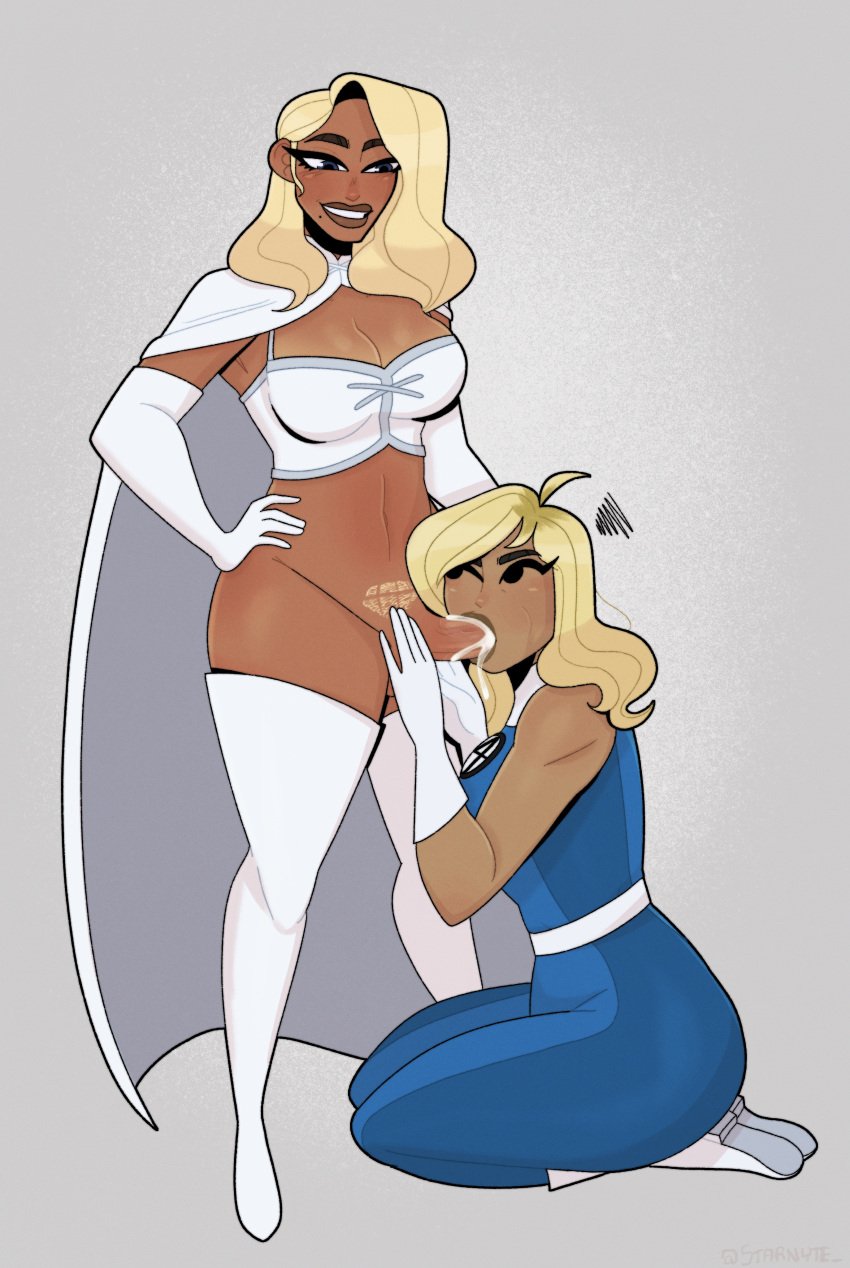 blonde_female blonde_hair blowjob cum cum_in_mouth dark-skinned_futanari dark_skin emma_frost fantastic_four futa_on_female futanari hellfire_club invisible_woman marvel marvel_comics melat0nin penis speech_bubble starbryte sue_storm trimmed_pubic_hair white_queen x-men