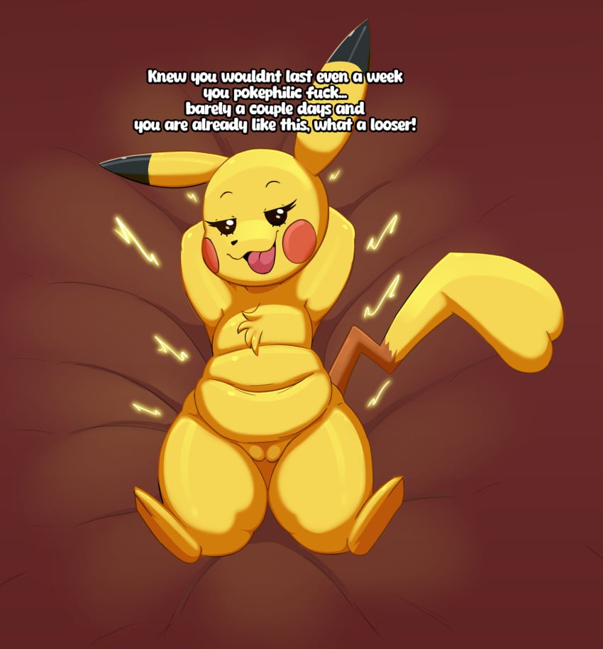 bad_anatomy digital_media_(artwork) duo female feral fur generation_1_pokemon genitals glampistachio hi_res human interspecies male male/female mammal nintendo nude open_mouth pikachu pokemon pokemon_(species) pussy rodent tail text yellow_body yellow_fur