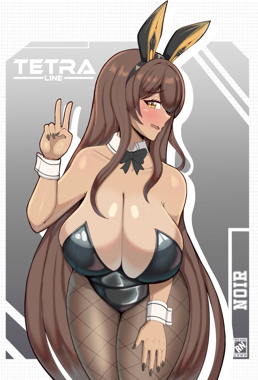 1girls black_nails blush brown_hair bunny_ears bunnysuit caprednahu dark-skinned_female dark_skin female female_only goddess_of_victory:_nikke huge_breasts long_hair nahusmash noir_(nikke) solo v wrist_cuffs yellow_eyes