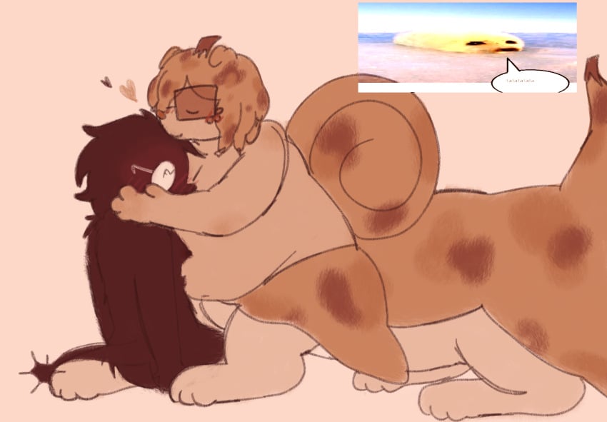 bive_(regretevator) blush blush breasts chubby_female closed_eyes dog_ears fur kissing kissing_forehead no_sex paws regretevator roblox roblox_game robloxian sitting_on_lap size_difference small_breasts split_(regretevator) tail yuri yuri