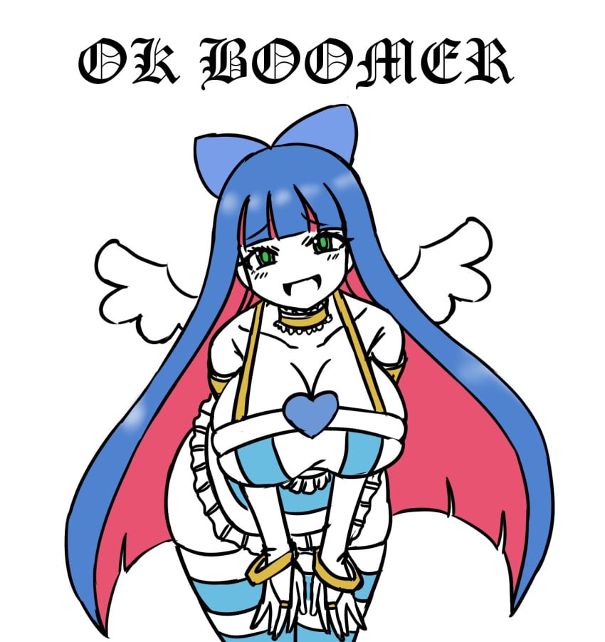 angel big_breasts blue_hair breasts collar deculture dress green_eyes heart large_breasts magicalgirlnoir ok_boomer panty_&_stocking_with_garterbelt ribbon stocking_anarchy thick_thighs wings