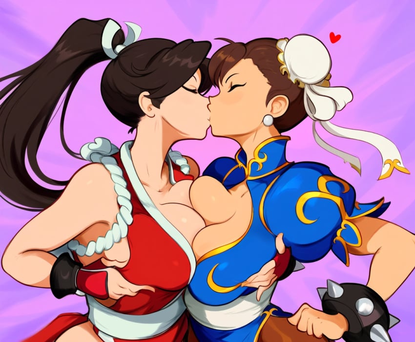 2024 2d 2d_(artwork) 2girls ai_generated big_breasts breast_press brown_hair catfight chinese chinese_clothes chun-li cleavage closed_eyes female female/female king_of_fighters kissing large_breasts long_hair mai_shiranui mullon novelai ponytail sexfight snk_vs_capcom street_fighter titfight yuri