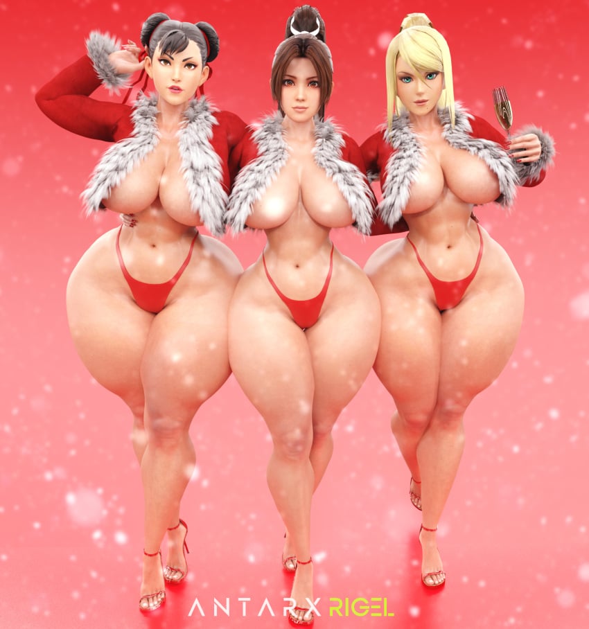 3d 3girls antarxrigel christmas chun-li fatal_fury hourglass_figure king_of_fighters light-skinned_female mai_shiranui metroid samus_aran street_fighter tagme thick_thighs thong wide_hips