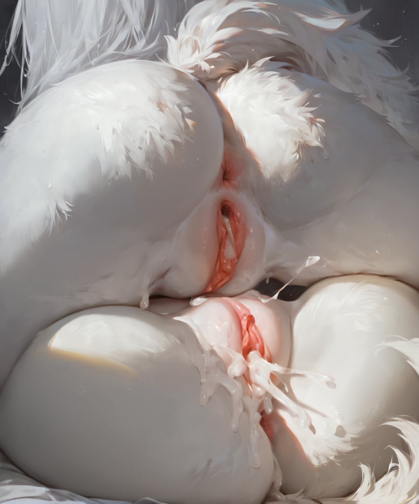 after_sex ai_generated anthro anus ass bodily_fluids canid canine close-up cum cum_in_pussy cum_inside duo female female/female fox fur genital_fluids genitals hair hi_res leaking_cum magacitl mammal pussy white_body white_fur white_hair