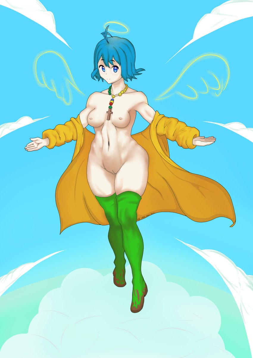 2024 blue_eyes blue_hair breasts casual coat female female_focus female_only footwear heaven hewhosawall holy_year_2025 human legwear luce_(vatican) midriff neckwear nipples outerwear pale_skin religion rosary self-upload self_upload thighhighs