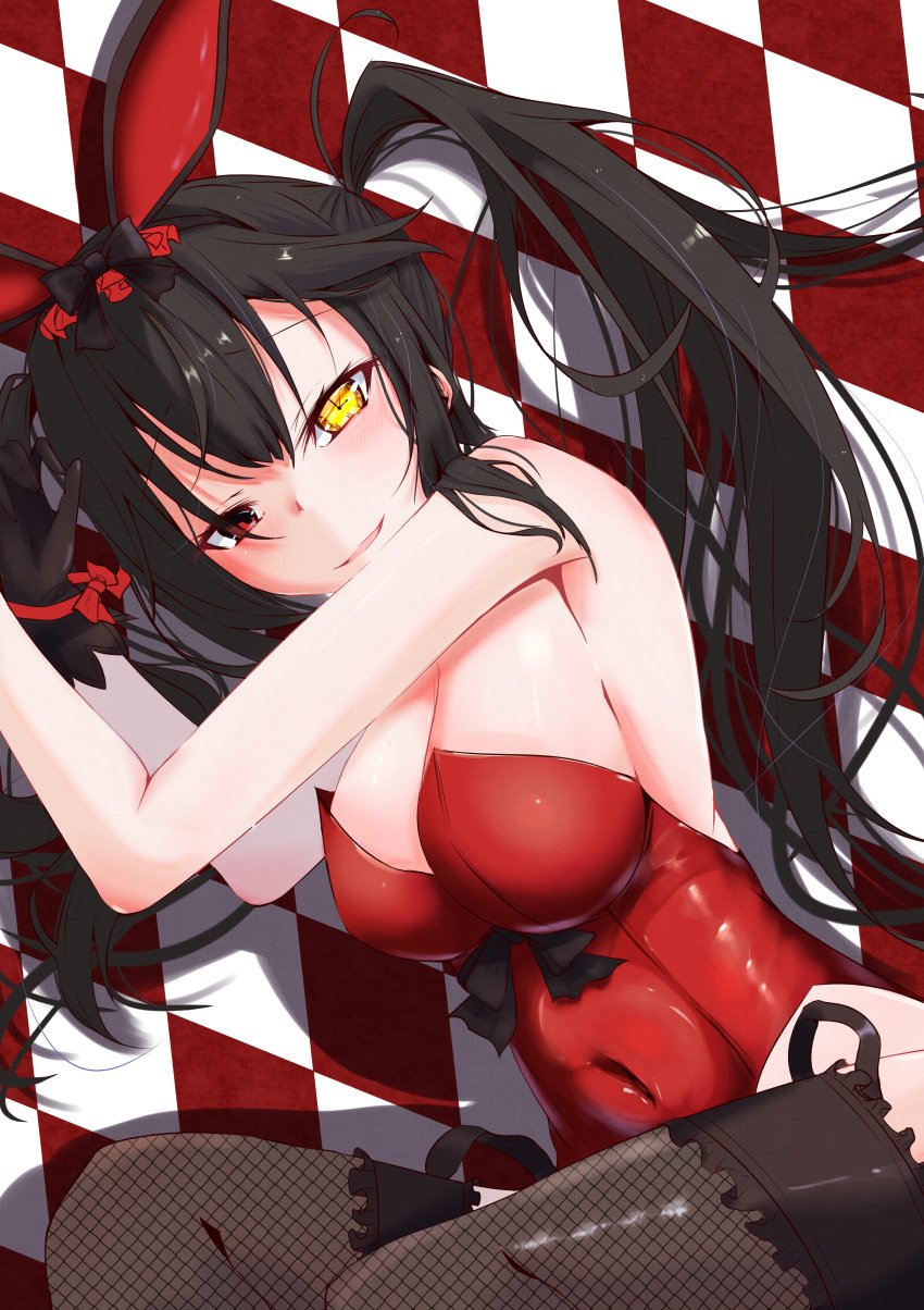 1girls 2d 2d_(artwork) belly_button black_hair breasts bunny_ears bunnysuit clock_eyes date_a_live female female_only fishnets fully_clothed headband heterochromia light-skinned_female long_hair medium_breasts red_eyes socks solo solo_female stockings thighs tokisaki_kurumi twintails waexia