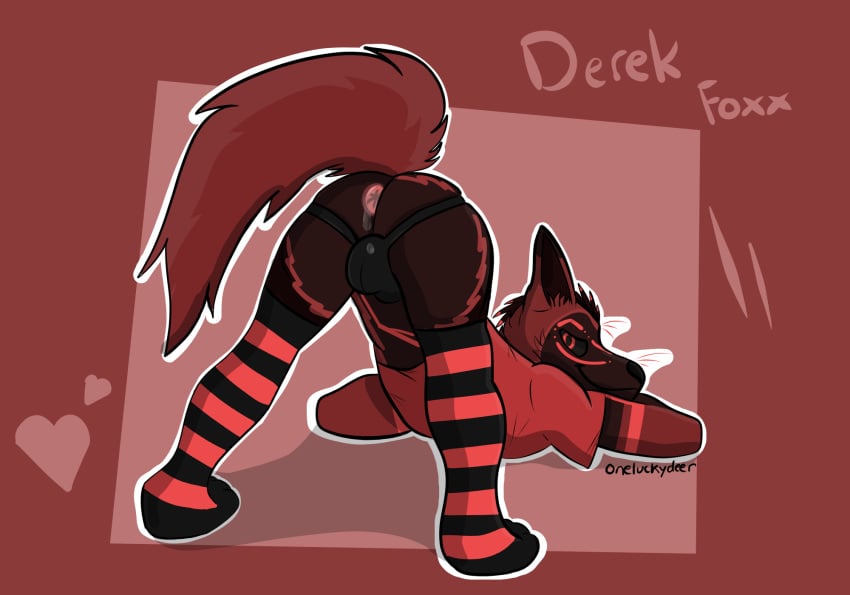 anthro anus ass ass_up bodily_fluids canid canine clothing cum cum_drip cum_in_ass cum_inside dripping footwear fox fur genital_fluids heart_symbol hi_res hybrid jack-o'_pose jockstrap looking_at_viewer male mammal markings oneluckydeer pose presenting presenting_anus presenting_hindquarters red_body red_eyes red_fur red_markings red_whiskers rexouium shirt simple_background socks solo topwear underwear whiskers