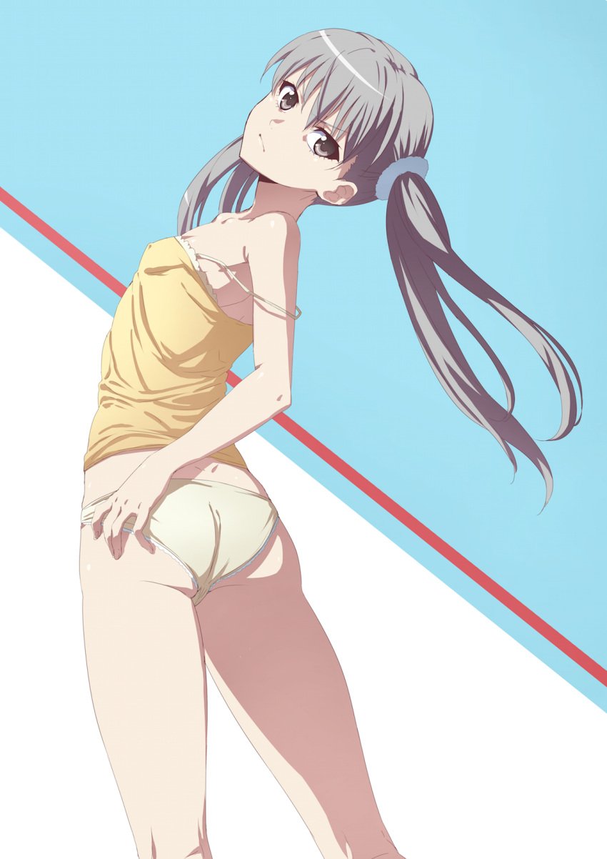 ass back_view bare_arms bare_legs bare_shoulders bare_thighs breasts butt_crack camisole closed_mouth collarbone isshi_pyuma long_hair monogatari_(series) nipples_visible_through_clothing no_bra oikura_sodachi panties shiny_skin silver_eyes silver_hair small_breasts strap_slip thighs twintails underwear