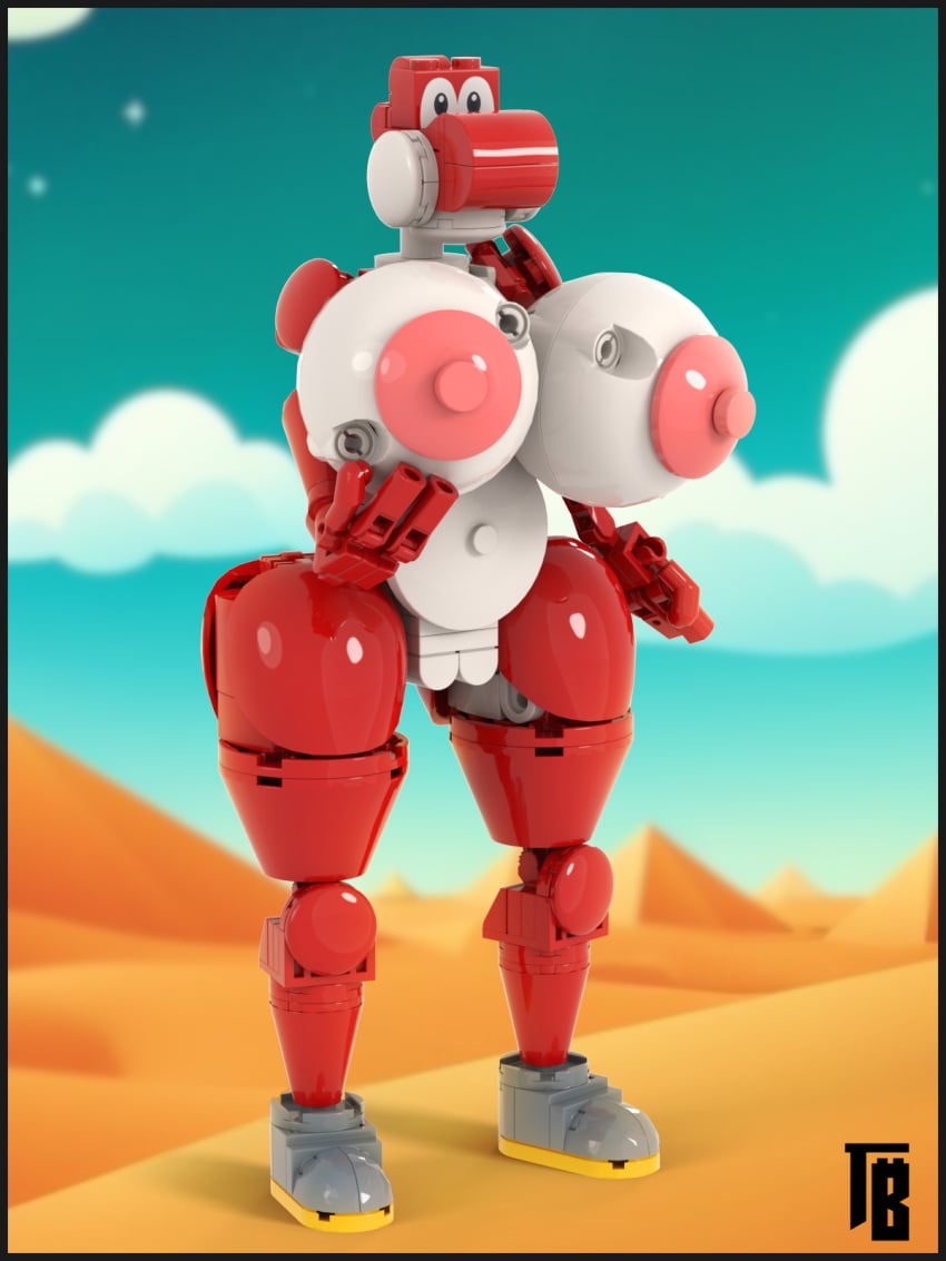 3_fingers 3d anthro areola big_breasts breasts desert dinosaur female fingers genitals hi_res huge_breasts hyper hyper_breasts lego mario_bros model_kit nintendo nipples nude prehistoric_species pussy red_body red_yoshi reptile scalie solo standing thiccbrick thick_thighs wide_hips yoshi