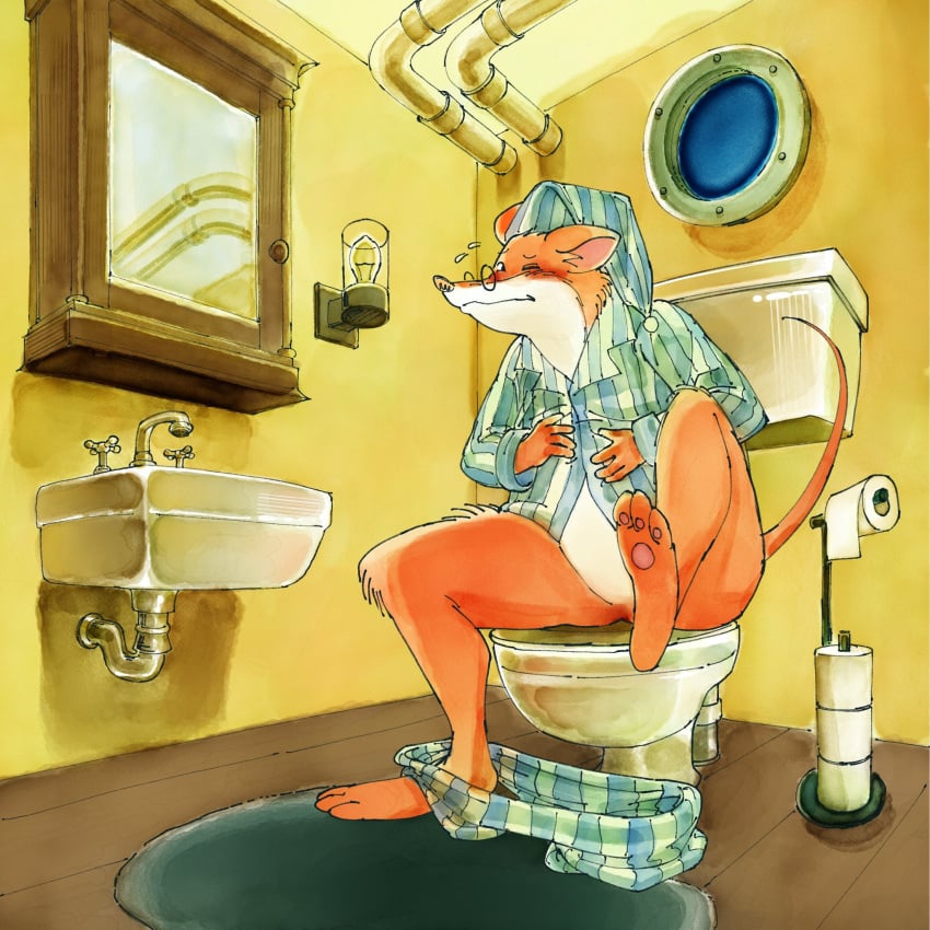 anthro barefoot bathroom bathroom_sink blush bodily_fluids bottomwear bottomwear_down clothed clothing desperation deuce_dude eyewear feces feet food_poisoning fur geronimo_stilton geronimo_stilton_(series) glasses hi_res holding_belly implied_scat male mammal mirror mirror_reflection mouse murid murine no_underwear on_toilet one_leg_up orange_body orange_fur pajama_bottoms pajama_pants pajama_shirt pajamas pants pants_down partially_clothed poop_desperation poop_in_bowl pooping_into_water potty_time raised_leg reflection rodent scat sink sitting_on_toilet solo stomach_ache sweat sweatdrop toilet toilet_bowl toilet_paper toilet_seat toilet_use watercolor_(artwork) wide_hips window