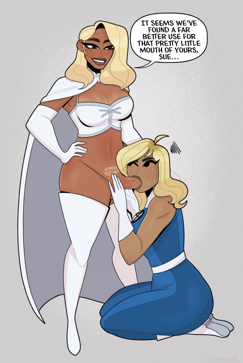 blonde_female blonde_hair blowjob dark-skinned_futanari dark_skin emma_frost fantastic_four futa_on_female futanari hellfire_club invisible_woman marvel marvel_comics melat0nin penis speech_bubble starbryte sue_storm trimmed_pubic_hair white_queen x-men