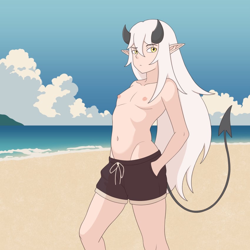 1boy beach demon_horns demon_tail femboy horns imp male_swimwear_challenge nipples outdoors sand van_(vanilireph) vanilireph very_long_hair white_hair