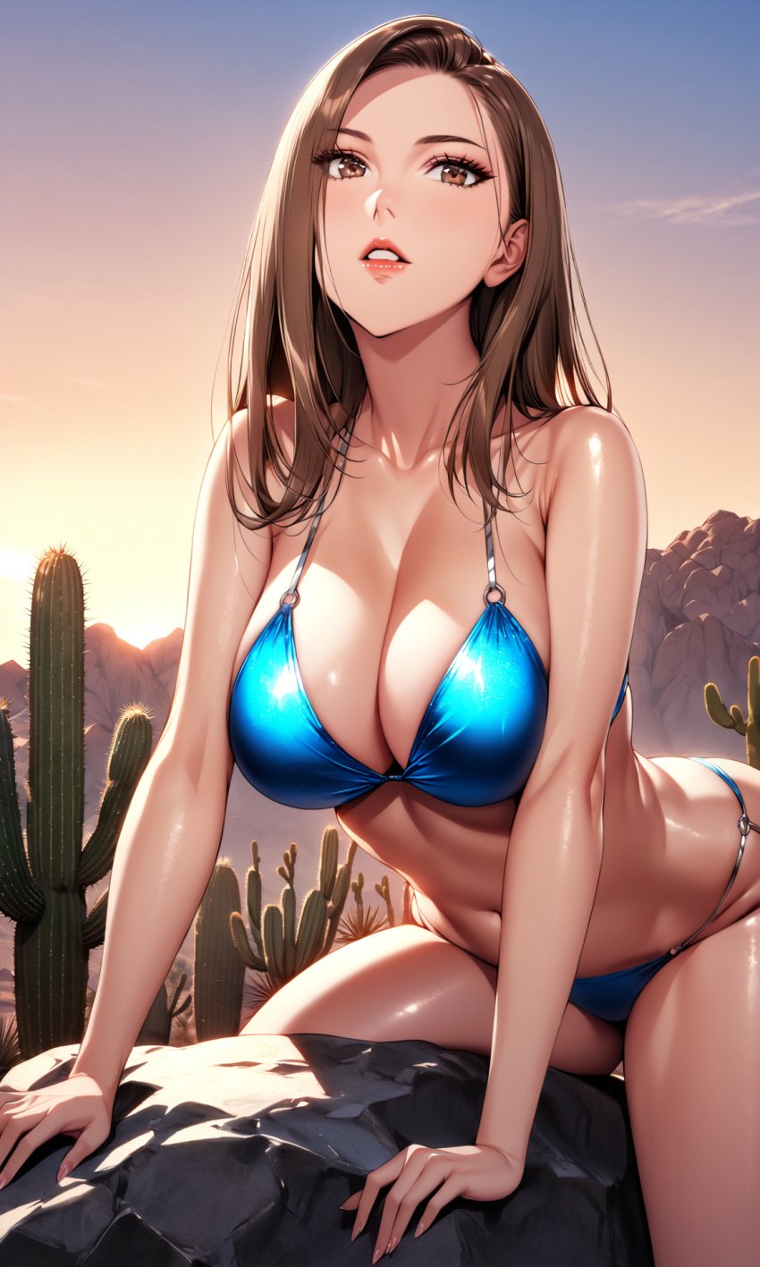 ai ai_generated bare_shoulders bending_over bent_over boulder breasts brown_eyes brown_hair cactus collarbone curvaceous_body curvy_figure dead_plant desert female hi_res hills joshua_tree landlord's_little_daughter looking_at_viewer parted_lips queen_bee_(manhwa) rock sand shiny_bikini shiny_skin stable_diffusion sunset swimsuit yoo_dali