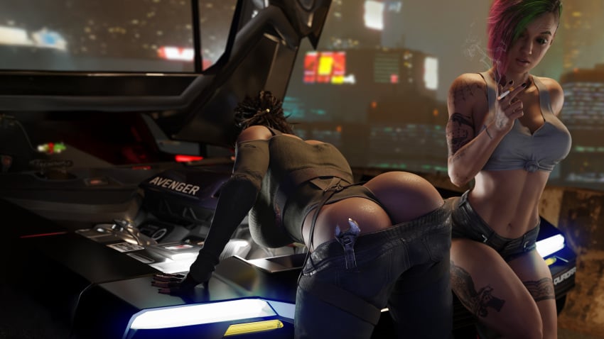 3d ass ass_focus batesz car cyberpunk_2077 judy_alvarez nightcity panam_palmer wallpaper